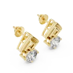 Symmetry gold solitaire stud earrings featuring geometric architectural frames and brilliant-cut DIAMEUR diamonds.