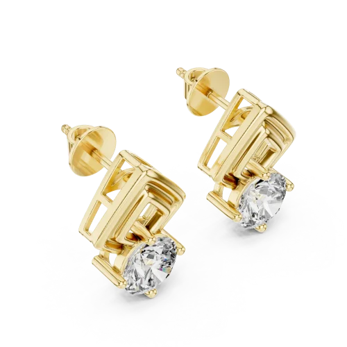 Symmetry gold solitaire stud earrings featuring geometric architectural frames and brilliant-cut DIAMEUR diamonds.