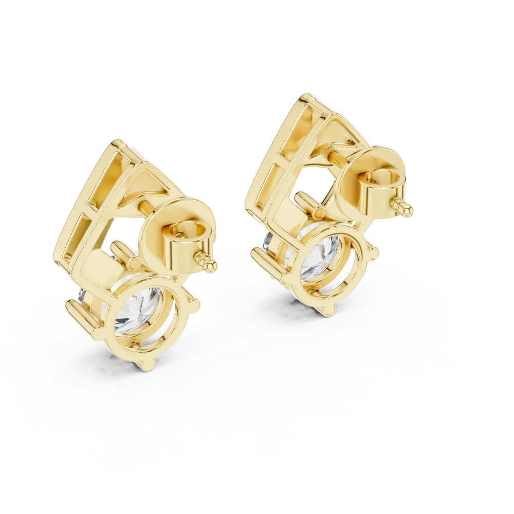 Symmetry Round Brilliant geometric gold solitaire stud earrings featuring an architectural frame and radiant center stones.