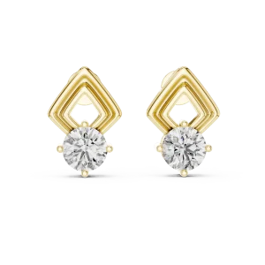 Symmetry Round Brilliant diamond stud earrings featuring geometric gold frames in an architectural solitaire design.