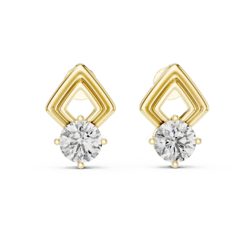 Symmetry Round Brilliant diamond stud earrings featuring geometric gold frames in an architectural solitaire design.