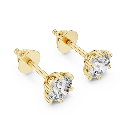 Luminary round brilliant solitaire stud earrings in gold with a secure six-prong setting and sparkling diamond centers.