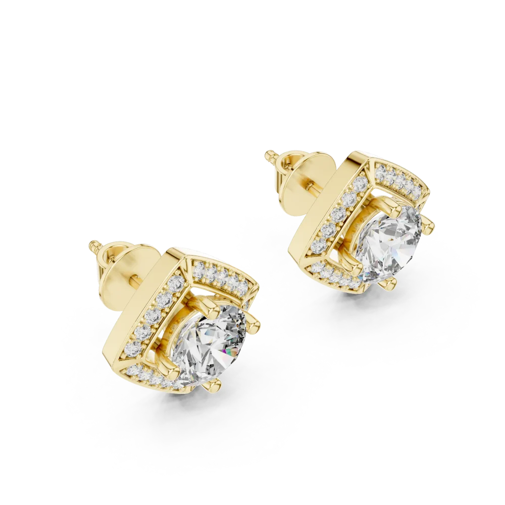 Discover the radiant allure of these geometric halo solitaire stud earrings. Expertly set with DIAMEUR lab-grown diamonds, shop the luxury today.