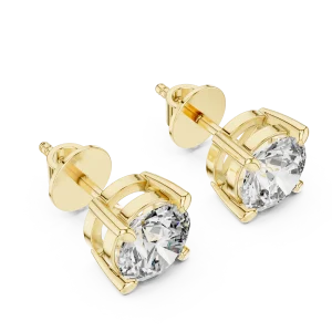 Classic round solitaire diamond stud earrings in yellow gold with a secure four-prong setting for maximum sparkle.