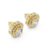 Luminary round brilliant gold stud earrings featuring a center solitaire stone surrounded by two rings of pavé-set diamonds.