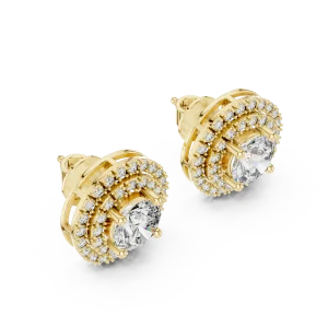 Luminary round brilliant gold stud earrings featuring a center solitaire stone surrounded by two rings of pavé-set diamonds.