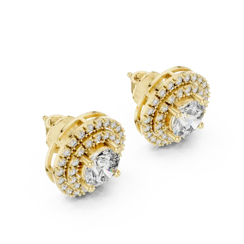 Luminary round brilliant gold stud earrings featuring a center solitaire stone surrounded by two rings of pavé-set diamonds.