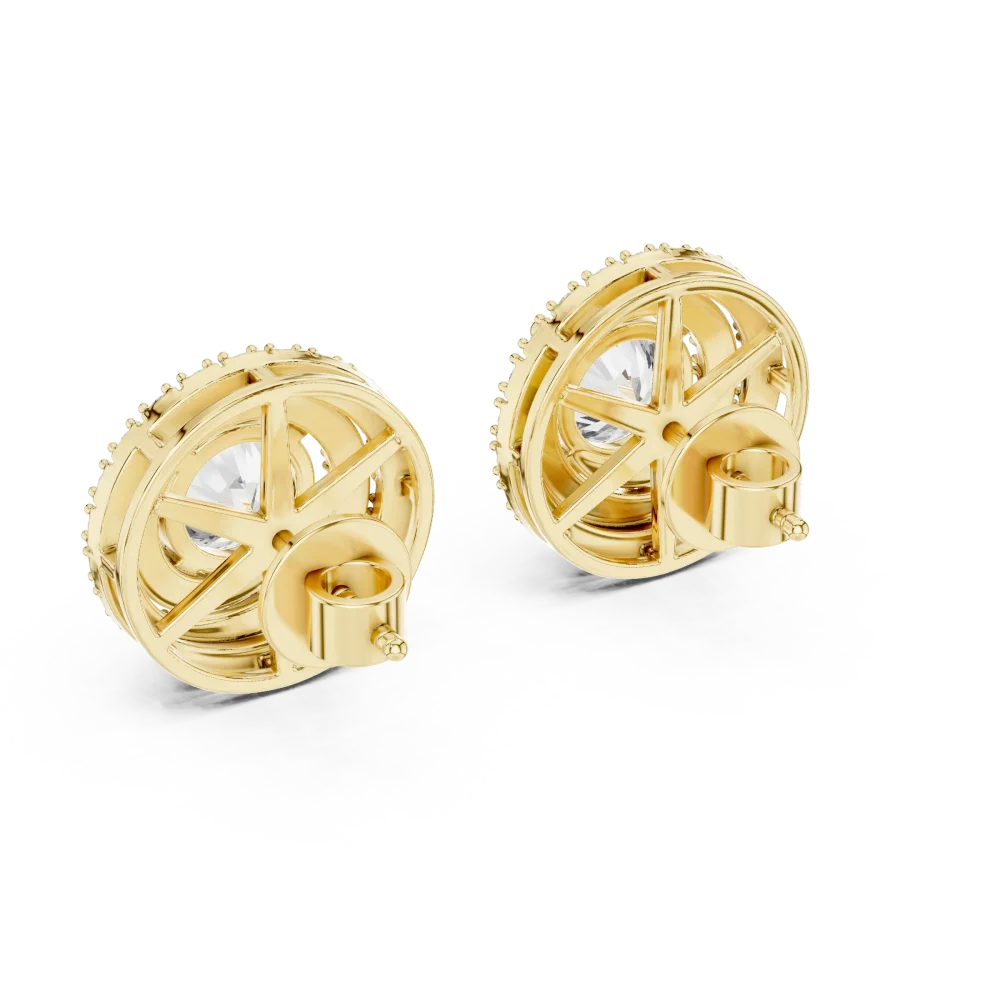 Back view of Luminary gold round brilliant double halo solitaire stud earrings showcasing intricate basket settings.