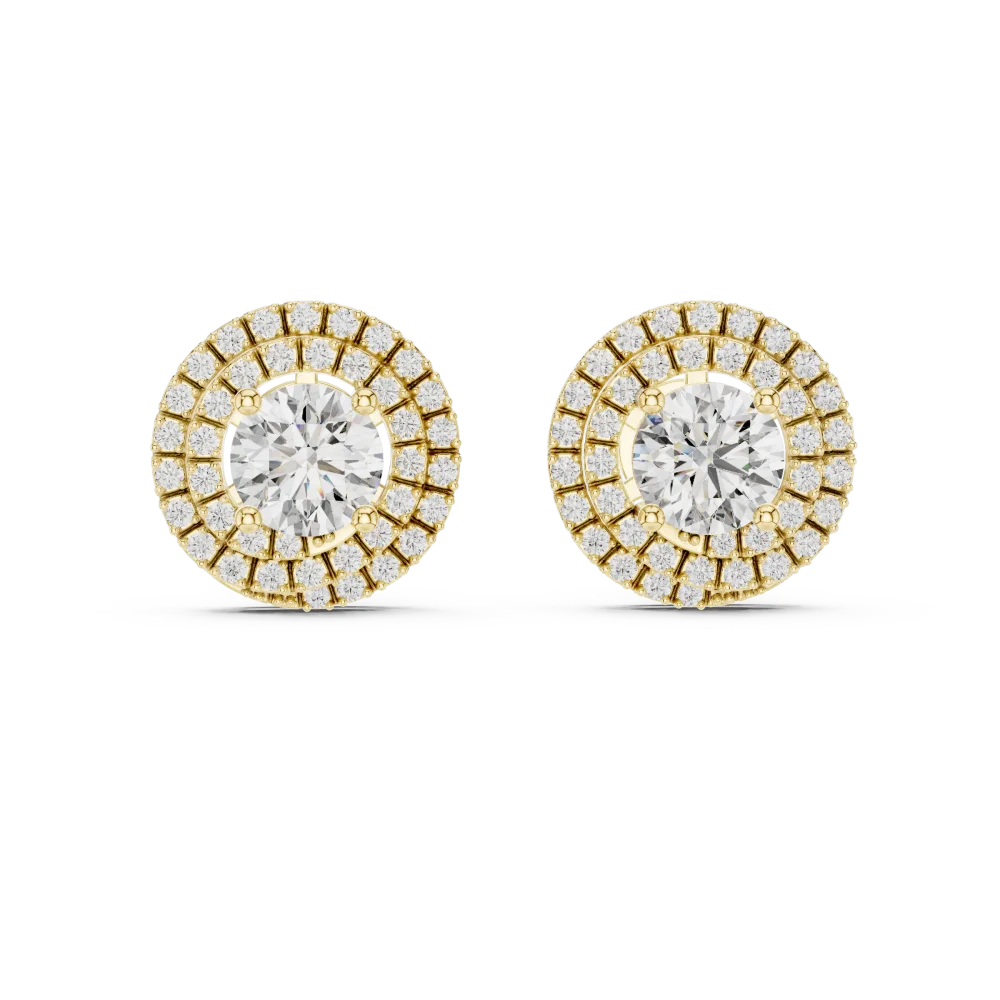 Luminary round brilliant solitaire stud earrings in yellow gold featuring dual pavé-set diamond halos.