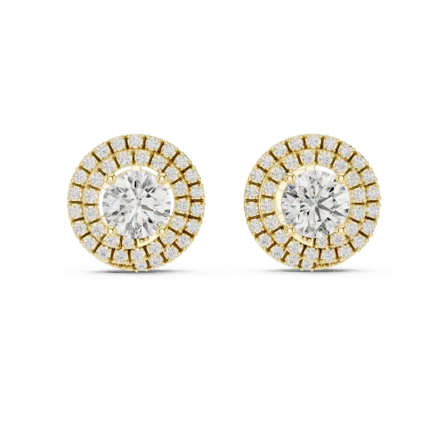 Luminary round brilliant solitaire stud earrings in yellow gold featuring dual pavé-set diamond halos.