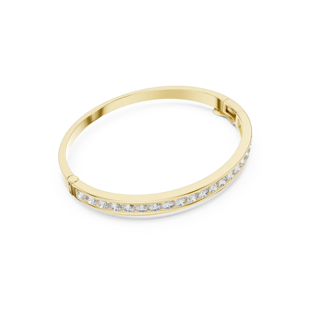 Adorn your wrist with this exquisite channel-set bangle featuring brilliant DIAMEUR diamonds. Discover the ultimate in sustainable luxury today.