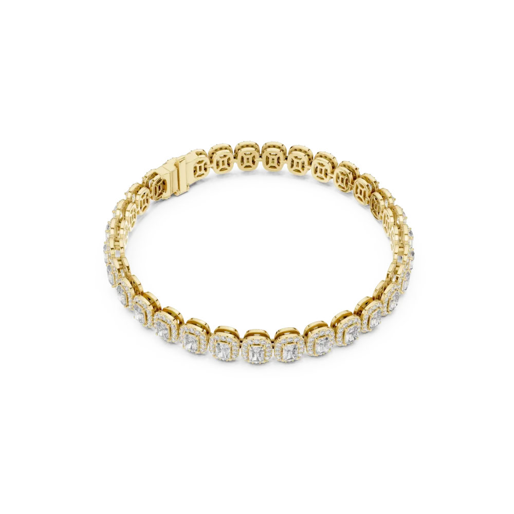 Adorn your wrist with our radiant-cut DIAMEUR diamond tennis bracelet. Experience unparalleled brilliance and sustainable luxury. Shop this icon now.