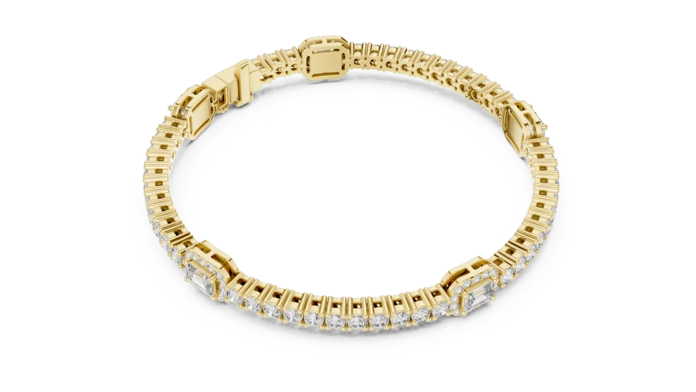 Adorn your wrist with the radiant brilliance of this geometric tennis bracelet. Featuring premium DIAMEUR diamonds, discover sustainable luxury today.
