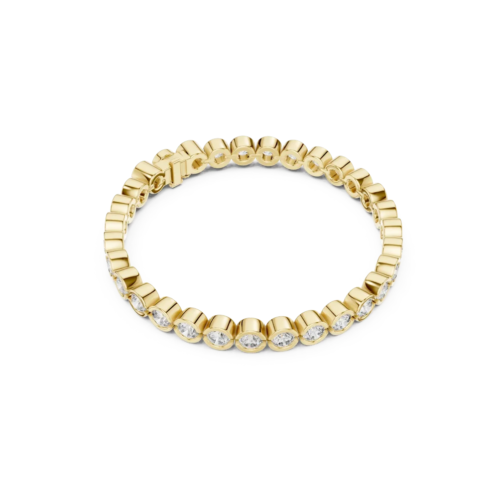 Adorn your wrist with the radiant fire of our round bezel-set tennis bracelet. Handcrafted with premium DIAMEUR diamonds. Shop sustainable luxury.