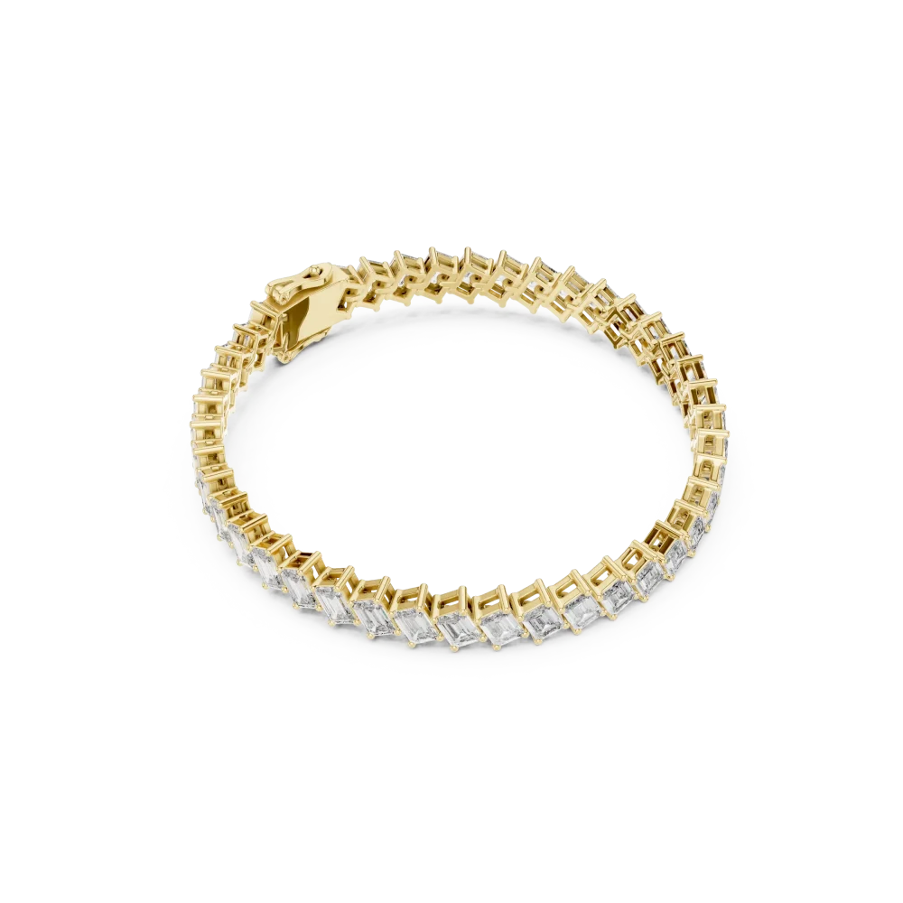 Adorn your wrist with the architectural brilliance of our emerald cut tennis bracelet. Featuring sustainable DIAMEUR diamonds. Shop the collection now.