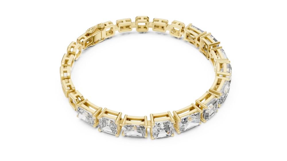 Adorn your wrist with the brilliance of this radiant and emerald-cut DIAMEUR diamond tennis bracelet. Experience modern sustainable luxury. Shop now.