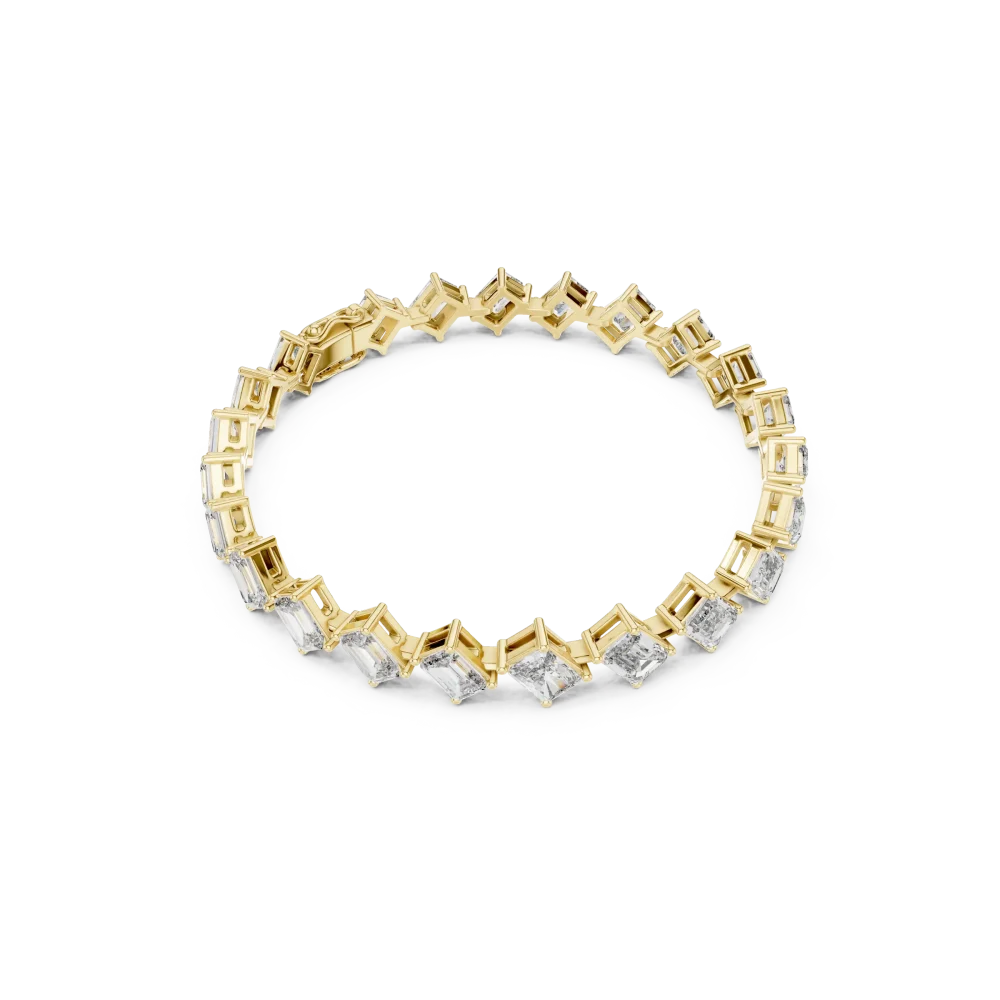 Elevate your ensemble with this geometric tennis bracelet, featuring radiant and emerald cut DIAMEUR diamonds. Discover modern sustainable luxury now.