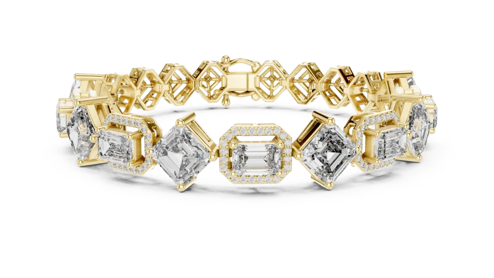 Discover the Luminary Emerald Tennis Bracelet, featuring brilliant DIAMEUR diamonds set in a stunning geometric design. Elevate your style today.