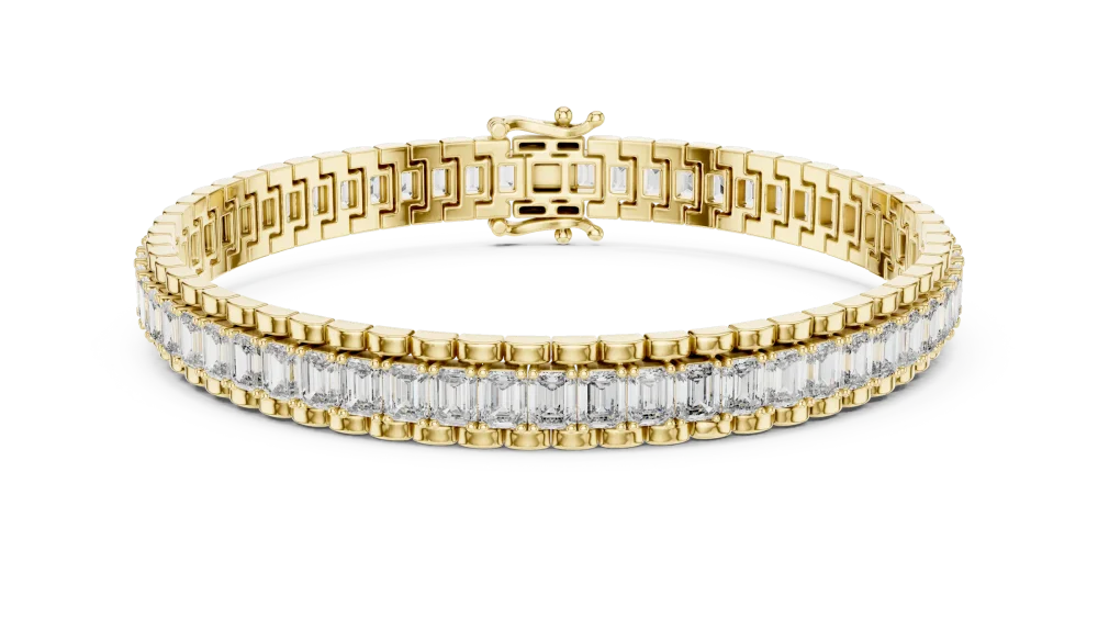 Experience timeless glamour with this emerald cut tennis bracelet, featuring radiant DIAMEUR diamonds. Shop our sustainable luxury collection today.