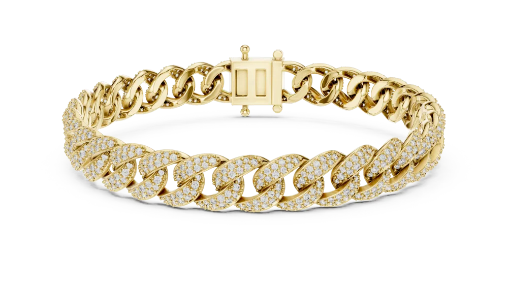 Adorn your wrist with this radiant cubano statement bracelet, featuring pavé-set DIAMEUR lab-grown diamonds for infinite brilliance. Shop luxury.