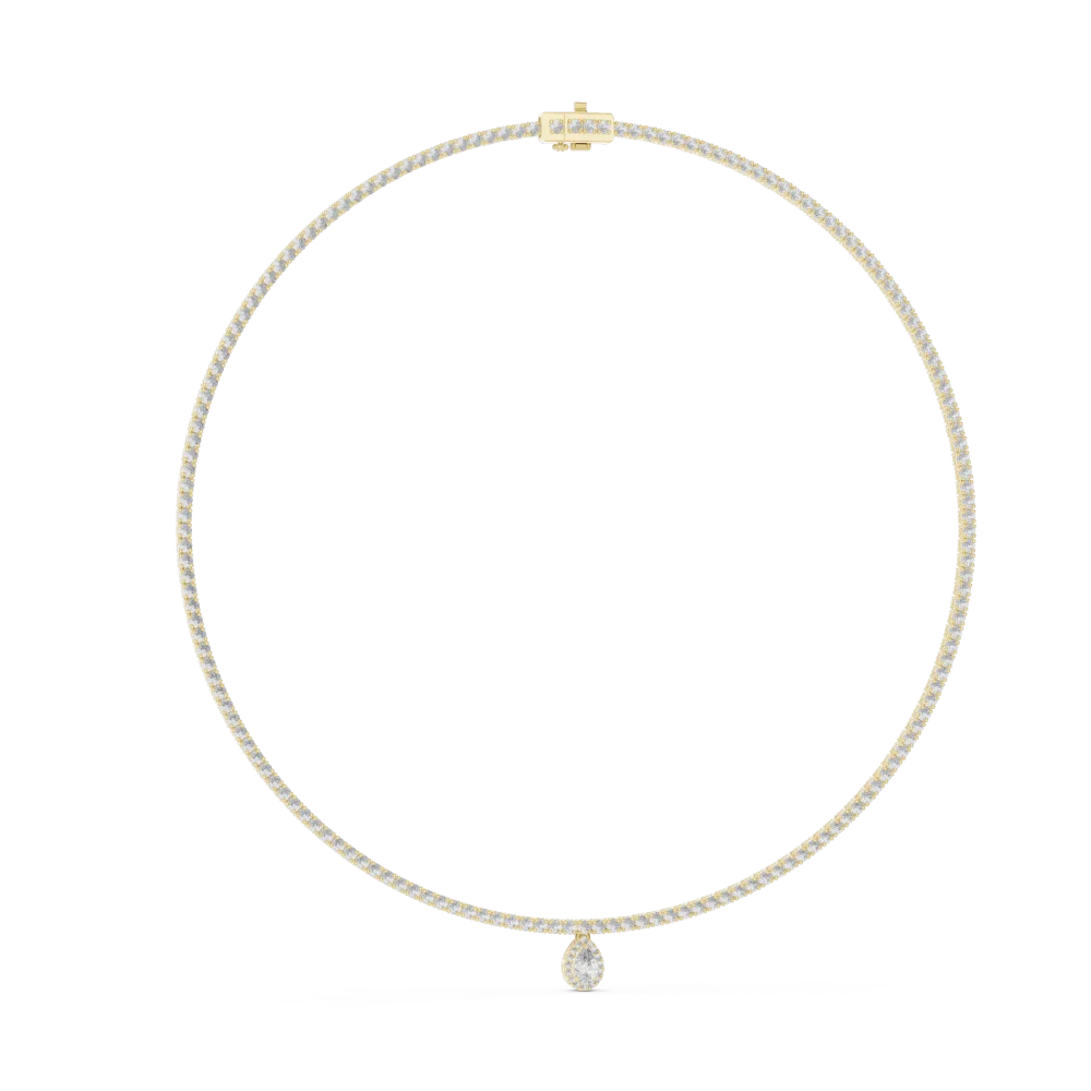 Experience pure elegance with this radiant pear and round DIAMEUR diamond tennis necklace. A modern classic for your collection. Shop the luxury.