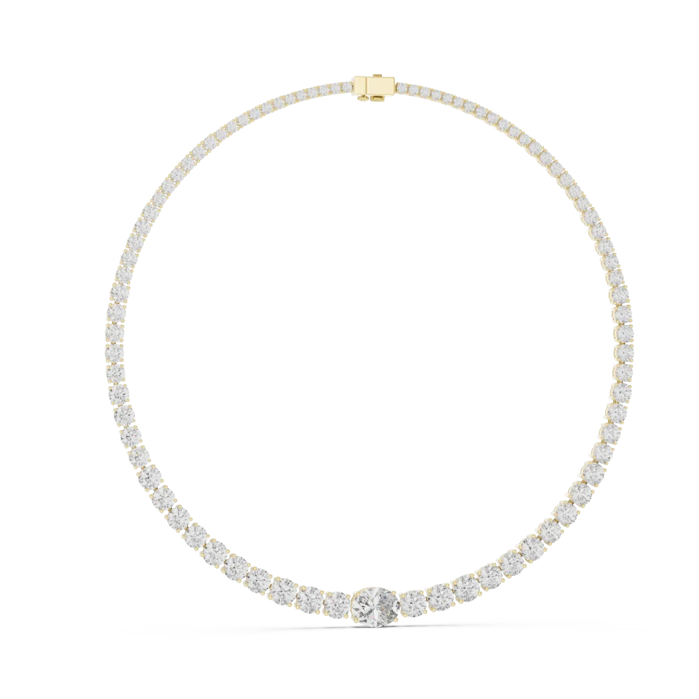 Experience the radiance of this graduated DIAMEUR diamond tennis necklace, featuring a stunning oval solitaire. Shop this modern classic today.