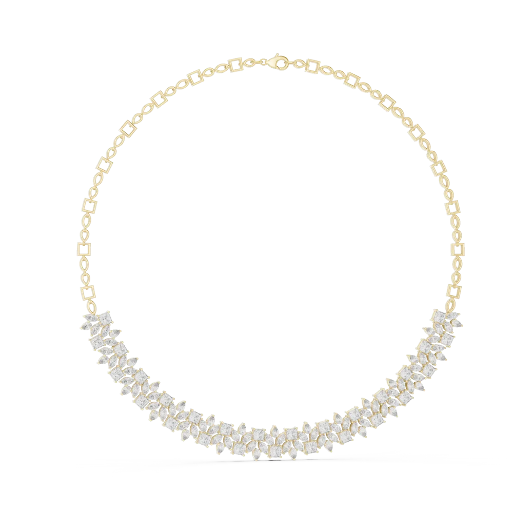 Experience unmatched radiance with this statement necklace featuring pear, princess, and marquise DIAMEUR diamonds. Elevate your luxury look today.
