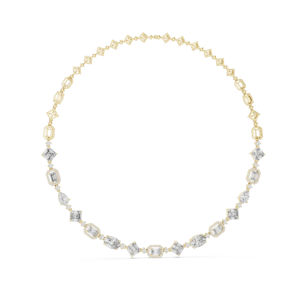Discover the Luminary Statement Necklace, a masterpiece of multi-shape DIAMEUR diamonds. Experience sustainable luxury and brilliant light performance today.