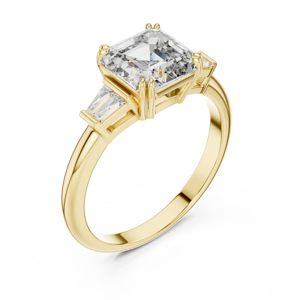 Discover the geometric allure of this emerald cut three-stone ring. Featuring brilliant DIAMEUR lab-grown diamonds, elevate your style today.