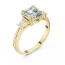 Symmetry Emerald Cut three-stone gold ring with geometric architectural design and brilliant center diamond.