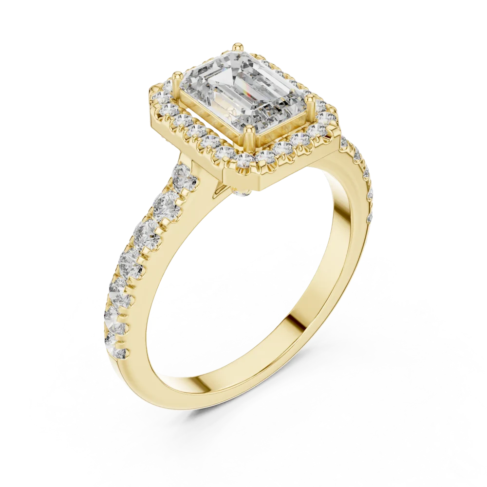 Discover the radiant beauty of this emerald-cut solitaire ring, featuring hand-set DIAMEUR diamonds. Elevate your collection with this modern classic.