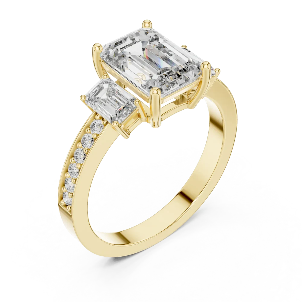Discover the geometric elegance of this three-stone emerald-cut DIAMEUR diamond ring. A modern classic designed for brilliance—shop this piece today.