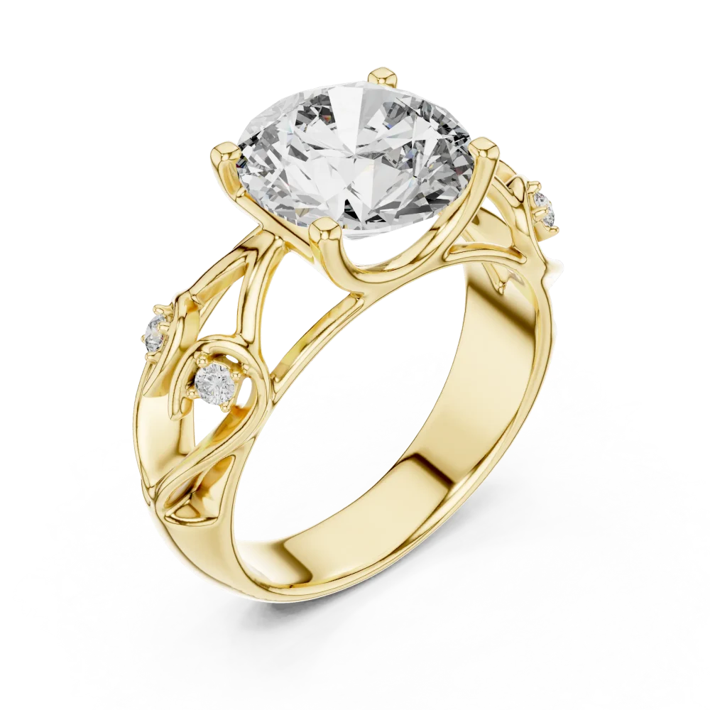 Discover the Luminary Round Solitaire Ring, featuring an exquisite DIAMEUR diamond set in a sculpted vine silhouette. Shop this modern classic today.