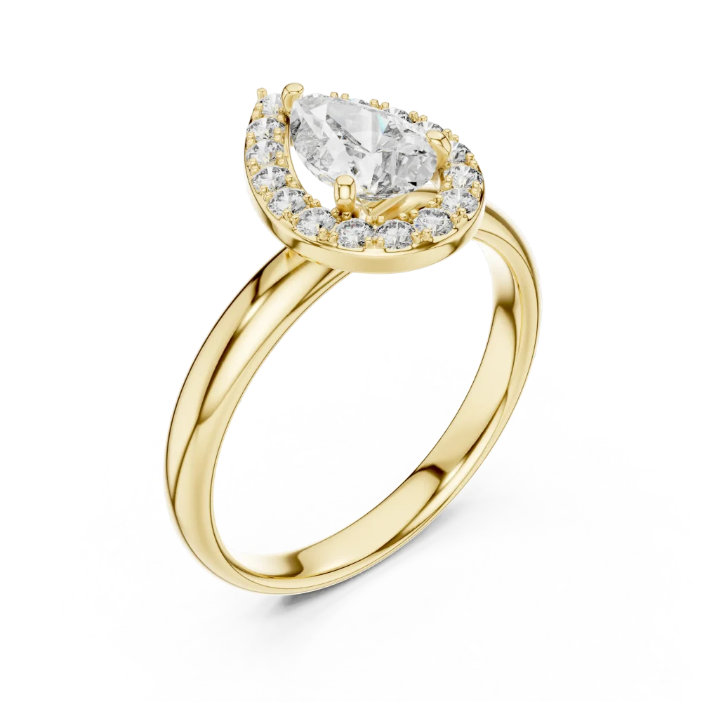 Discover the radiant beauty of our Pear Cut Halo Solitaire Ring. Featuring premium DIAMEUR diamonds, it is the ultimate symbol of modern luxury. Shop now!