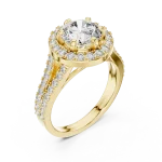 Ethereal Luminary gold engagement ring featuring a round brilliant cut diamond, split-shank band, and sparkling halo setting.