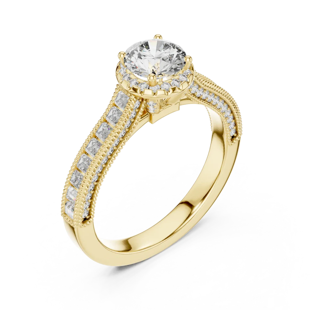 Experience the timeless brilliance of this radiant round solitaire ring, featuring channel-set baguettes. Discover sustainable luxury today.