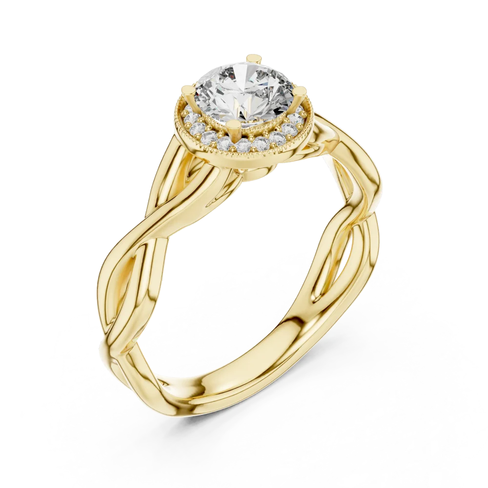 Experience the eternal brilliance of this stunning round-cut DIAMEUR solitaire ring, finished with an elegant pavé halo. Shop sustainable luxury today.