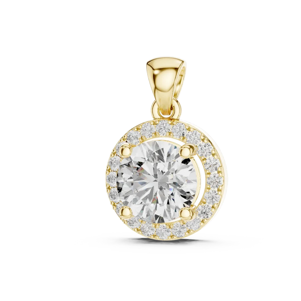 Experience the brilliant fire of our round solitaire halo pendant. Crafted with certified DIAMEUR diamonds, it is the ultimate modern classic. Shop now.