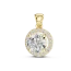 Luminary Round Brilliant Halo Solitaire Pendant in gold featuring a central diamond encircled by a radiant pavé stone frame.