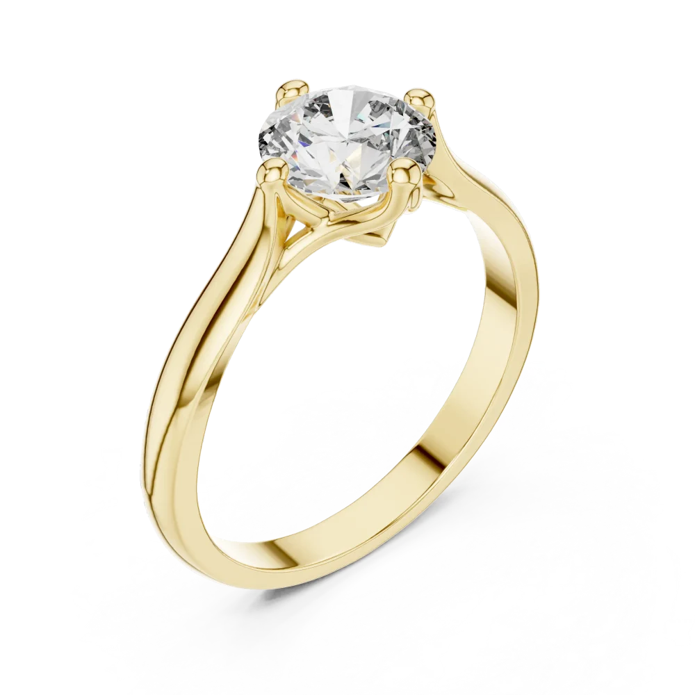 Discover the Essence Solitaire Ring, featuring a radiant round DIAMEUR diamond set in an elegant, modern frame. Shop this sustainable luxury piece.