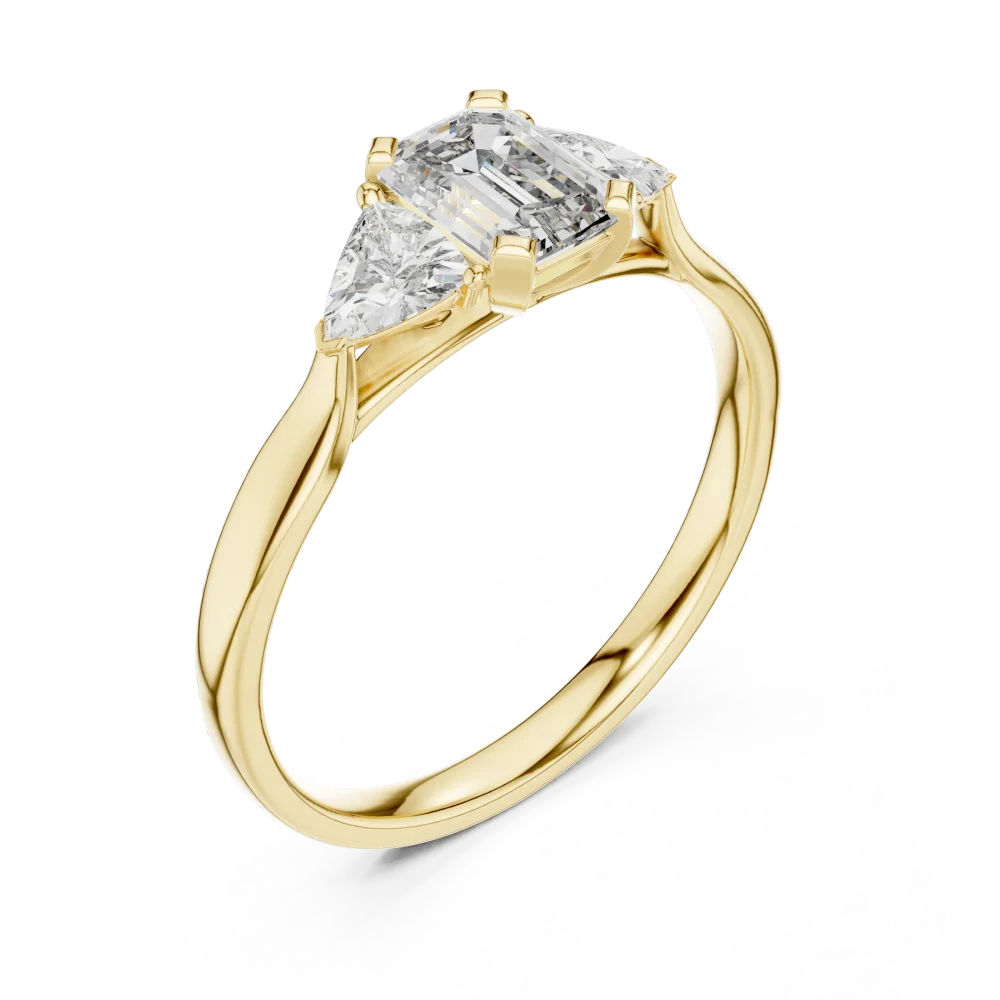 Discover the radiant beauty of our three-stone emerald and trillion lab-grown DIAMEUR diamond ring. Shop this modern classic luxury piece today.