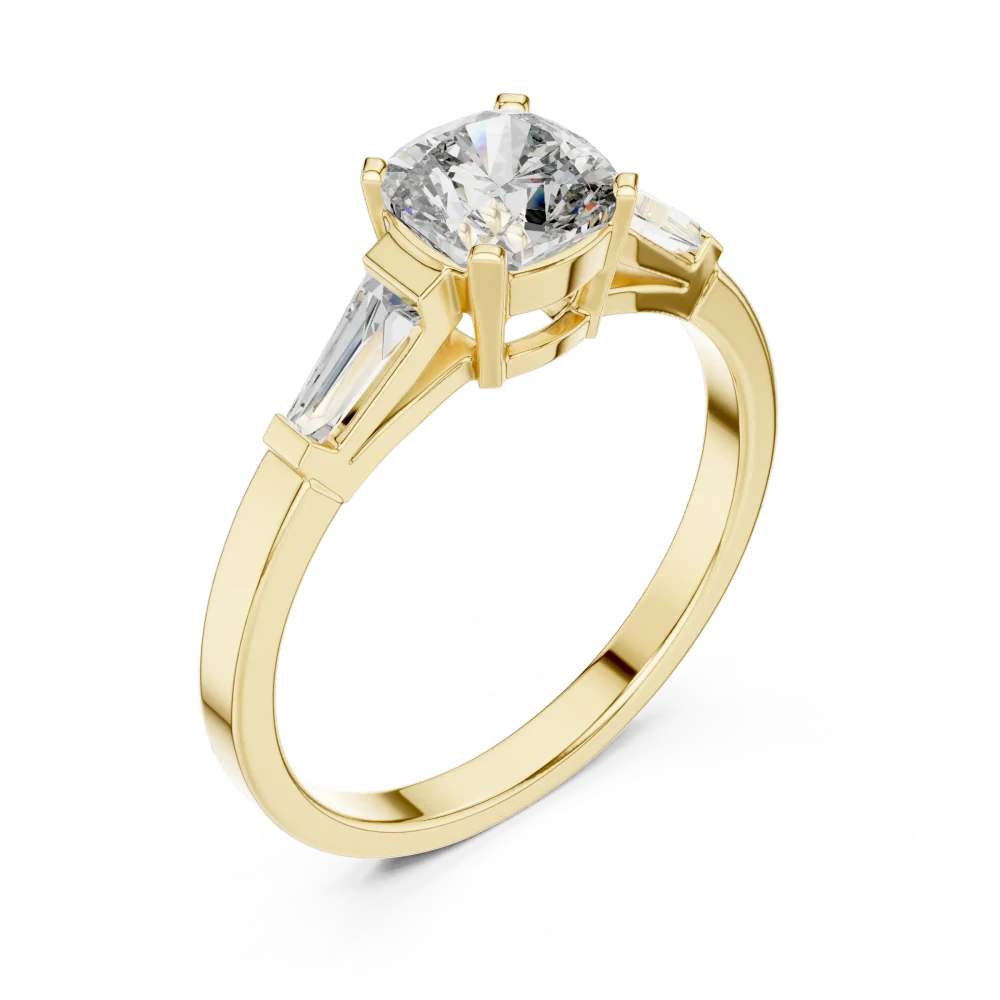 Experience timeless elegance with our cushion and baguette three-stone ring. Featuring brilliant DIAMEUR diamonds, shop this modern classic today.