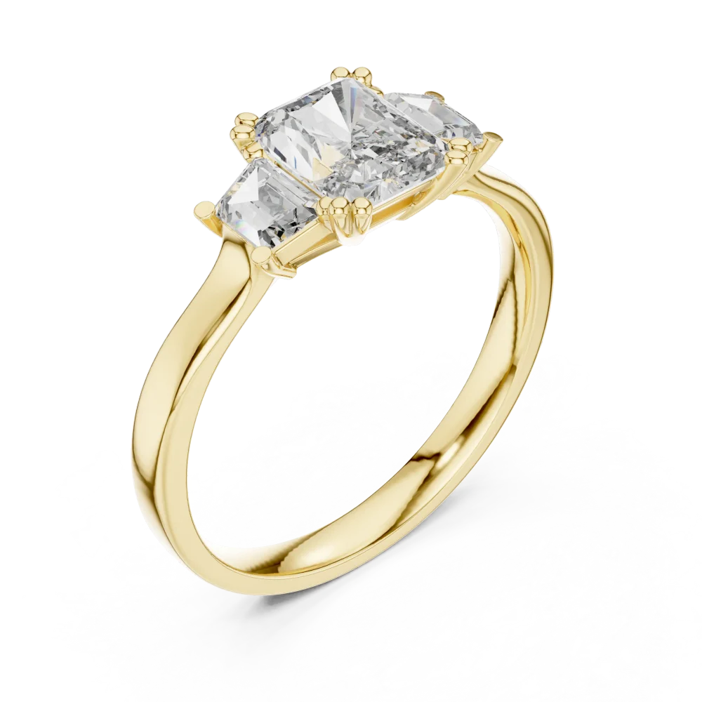 Embrace modern elegance with this Radiant and Baguette three-stone ring. Featuring brilliant DIAMEUR diamonds, it is the ultimate luxury statement.