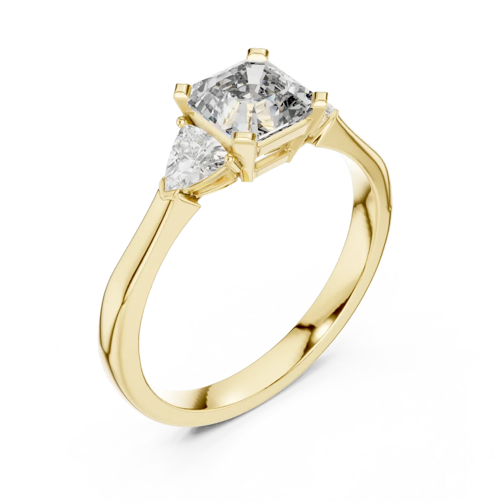Discover the radiant beauty of this three-stone solitaire ring, featuring an emerald-cut DIAMEUR diamond. Elevate your style with timeless luxury today.