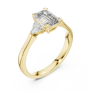 Symmetry Emerald and Trillion Cut Three Stone Solitaire Ring