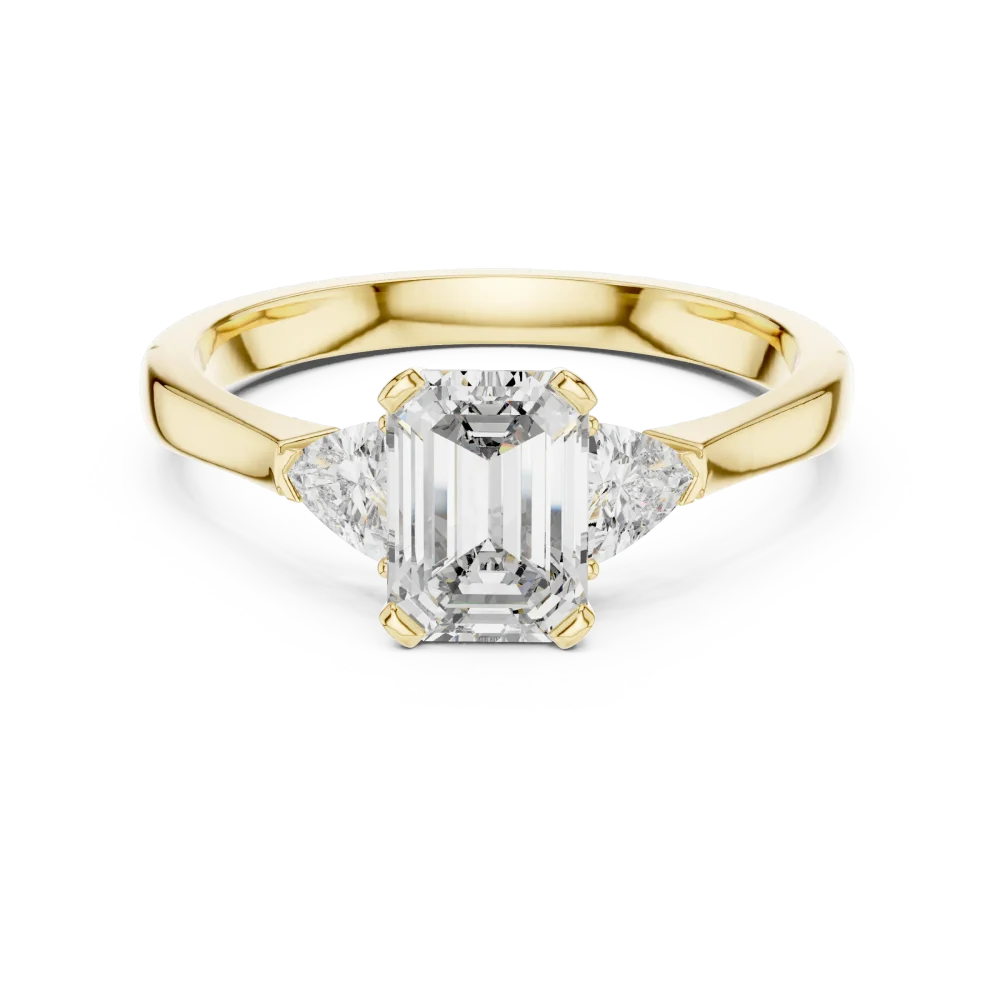 Symmetry Emerald and Trillion Cut Three Stone Solitaire Ring - Image 2