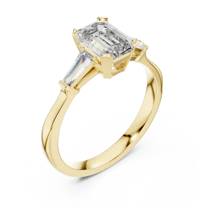 Symmetry Emerald and Baguette Architectural Three Stone Ring
