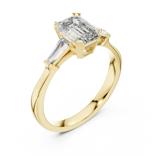 Symmetry Emerald and Baguette Architectural Three Stone Ring