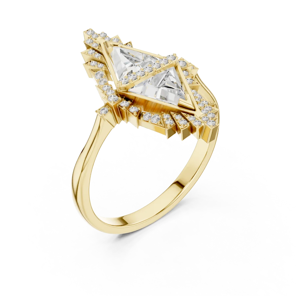 Elevate your style with this Geometric Trillion Dual-Stone Ring, featuring brilliant-cut DIAMEUR diamonds. Experience modern luxury—shop now.