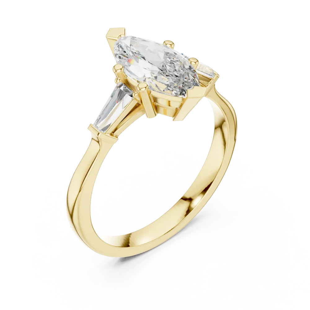 Discover the geometric elegance of this marquise and baguette three stone ring. Expertly handcrafted for brilliant light, shop this modern classic.